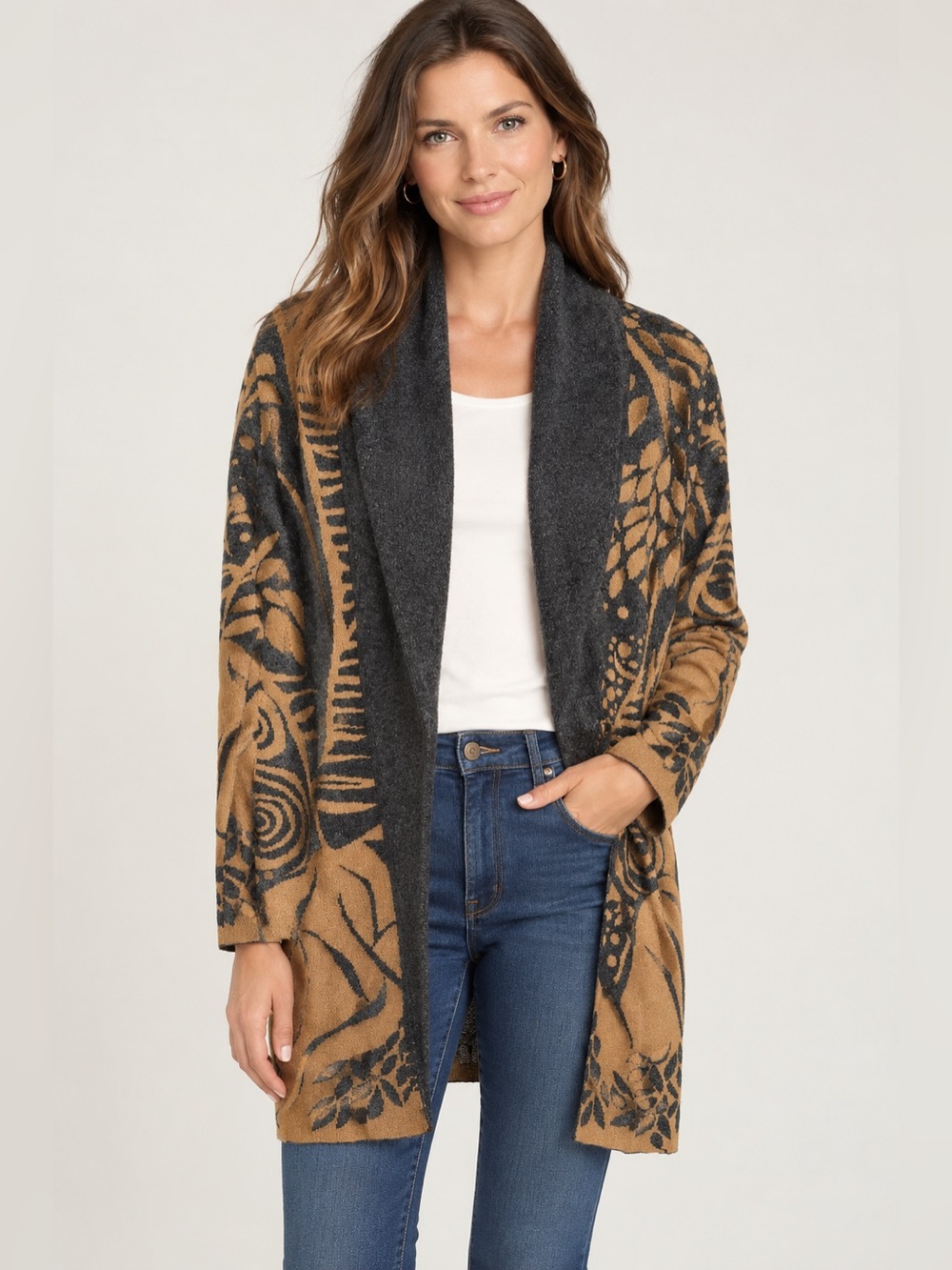 Icelandic Design Cardigan Sweater Charcoal Camel Medium Art to Wear Wool Rustic